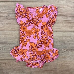 Kate Quinn sleeveless v-neck ruched ruffle leg orange tropical vine 6-12m